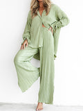Momentlover Drawstring Pleated Flared Sleeves Long Sleeves Buttoned Solid Color Split-Side Lapel Shirts Top + Pants Bottom Pajama Sets
