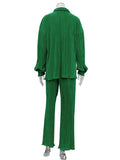 Momentlover Loose Solid Color Pleated Blouse&Wide Legs Pants 2 Pieces Set