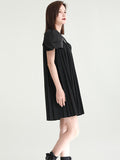 Momentlover Urban Puff Sleeves Split-Joint Black Pleated Mini Dress