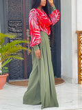 Momentlover Long Sleeves Heaps Collar Printed Shirts Top + High Waisted Pants Bottom Two Pieces Set