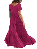 Momentlover Casual Short Sleeves Loose Solid Color Round-Neck Maxi Dresses