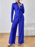Momentlover Solid Color Knot Elasticity Wide Leg High Waisted Deep V-Neck Jumpsuits