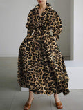 Momentlover Leopard Buttoned Plus Size Loose Lapel Maxi Dresses