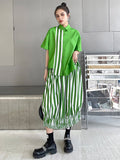 Momentlover Original Striped Irregularity Blouse Tops+Skirt Suits