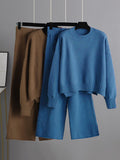 Momentlover Urban Loose Long Sleeves Solid Color Round-Neck High-Low Sweater Tops & Wide Leg Pants Suits