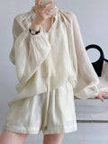 Momentlover Casual Loose Solid Color Puff Sleeves Blouse&Wide Leg Shorts Two Pieces Set