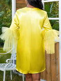 Momentlover Tulle Split-Joint Solid Color Shiny Plus Size Loose Round-Neck Mini Dresses