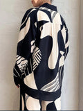 Momentlover Long Sleeves Loose Contrast Color Pockets Printed Blouses&Pants Suits