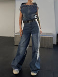 Momentlover Asymmetric Boat Neck Fringed Vest Top+ Belted High Waisted Jeans Bottom Two Pieces Set