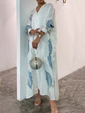 Momentlover Long Sleeves Buttoned Contrast Color Flower&Leaves Print Muslim V-Neck Maxi Dress