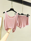 Momentlover Home Wear Loose Sleeveless Contrast Color Round-Neck Vest&Shorts Pajamas Set