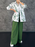 Momentlover Lapel Printed High-Low Buttoned Blouse+ Elasticity High Waisted Split-Side Pants Bottom Two Pieces Set