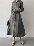 Momentlover Casual A-Line Long Sleeves Bandage Solid Color Lapel Collar Shirt Midi Dresses