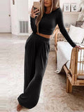 Momentlover Solid Color Plus Size Round-Neck Long Sleeves Shirts Top + Pants Bottom Two Pieces Set