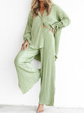 Momentlover Drawstring Pleated Flared Sleeves Long Sleeves Buttoned Solid Color Split-Side Lapel Shirts Top + Pants Bottom Pajama Sets