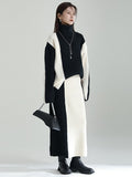 Momentlover Casual Loose Long Sleeves Contrast Color High-Neck Sweater Top&Skirt Two Pieces Set