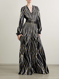 Momentlover Loose Contrast Color Printed Zipper V-Neck Jumpsuits