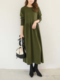 Momentlover Casual Loose Long Sleeves Solid Color Round-Neck Midi Dresses