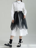 Momentlover Split-Joint Gauze Belted Long Sleeves Stand Collar Shirt Dress Midi Dresses