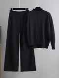 Momentlover Stylish High-Low Long Sleeves Split-Side Solid Half Turtleneck Sweater Tops & Wide Leg Pants Two Pieces Set