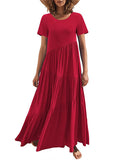 Momentlover Casual Short Sleeves Loose Solid Color Round-Neck Maxi Dresses