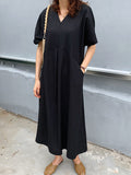 Momentlover Loose Solid Color V-Neck Pleated With Pockets Midi Dresses