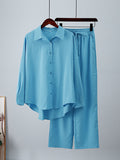 Momentlover Solid Color Long Sleeves High-Low Lapel Blouses Top + Drawstring Pants Bottom Two Pieces Set