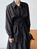 Momentlover Solid Color Long Sleeves Tied Waist Blouse + Loose Elasticity Waist Skirt Two Pieces Set