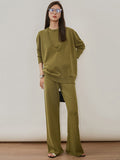 Momentlover Urban Loose Solid Round-Neck Vest Top& V-Neck Sweater Tops& Wide Leg Pants Three-Piece Set