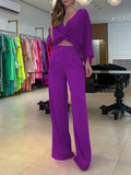 Momentlover Solid Color Triangle Bras + Three-Quarter Sleeves Blouse + Pants Trousers Three Pieces Set