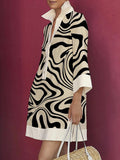 Momentlover Long Sleeves Loose Contrast Color Zebra-Stripe Lapel Collar Mini Dresses