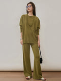 Momentlover Urban Loose Solid Round-Neck Vest Top& V-Neck Sweater Tops& Wide Leg Pants Three-Piece Set