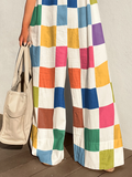 Momentlover Loose Sleeveless Contrast Color Plaid Jumpsuits