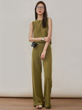 Momentlover Urban Loose Solid Round-Neck Vest Top& V-Neck Sweater Tops& Wide Leg Pants Three-Piece Set