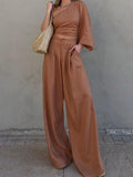 Momentlover Elasticity Knot Long Sleeves Loose Asymmetric Pleated Solid Color One-Shoulder Shirts Top + Pants Bottom Two Pieces Set