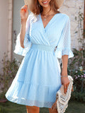 Momentlover Original Half Sleeves Loose Polka-Dot Falbala Solid Color V-Neck Mini Dresses