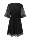 Momentlover Original Half Sleeves Loose Polka-Dot Falbala Solid Color V-Neck Mini Dresses