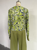 Momentlover Long Sleeves Heaps Collar Printed Shirts Top + High Waisted Pants Bottom Two Pieces Set