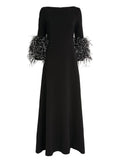 Momentlover Elegant Simple Black And White Feather Long Sleeve Party Dress