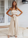 Momentlover Original Cold Shoulder Tied Solid Color Straight Leg Jumpsuits