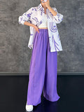 Momentlover Lapel Printed High-Low Buttoned Blouse+ Elasticity High Waisted Split-Side Pants Bottom Two Pieces Set
