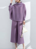 Momentlover Simple Loose Long Sleeves Pleated Solid Color High-Neck T-Shirt Top&Wide Legs Pants Two Pieces Set