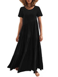 Momentlover Casual Short Sleeves Loose Solid Color Round-Neck Maxi Dresses