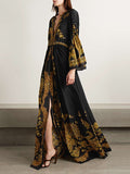 Momentlover Split-Front Printed Contrast Color Loose Flared Sleeves Maxi Dresses