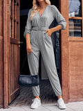 Momentlover Elasticity Belted Long Sleeves V-neck Jumpsuits