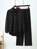 Momentlover Solid Color Long Sleeves High-Low Lapel Blouses Top + Drawstring Pants Bottom Two Pieces Set