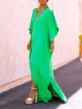 Momentlover Batwing Sleeves Loose Solid Color Split-Side V-Neck Maxi Dresses