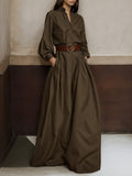 Momentlover Long Sleeves Loose Buttoned No Belt Solid Color V-neck Jumpsuits