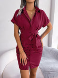 Momentlover Solid Color Pleated Bandage Short Sleeves Lapel Mini Dresses