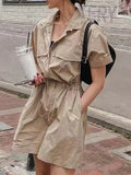 Momentlover Loose Wide Leg Drawstring Solid Color Zipper Notched Collar Rompers